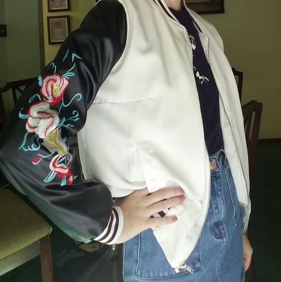 Jackets & Blazers - White/Black Bomber Jacket with Floral Sleeves